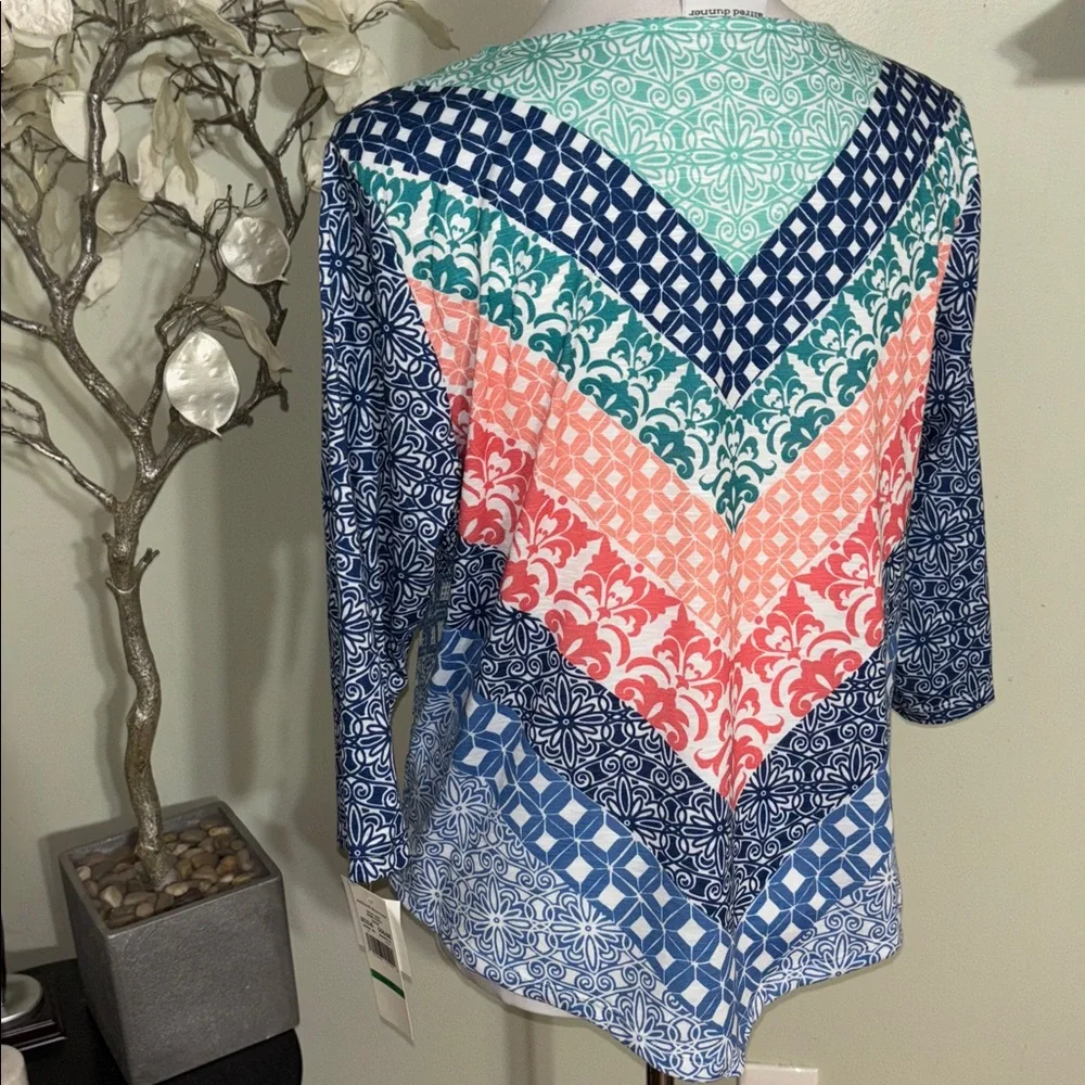 Alfred Dunner Blue and Coral Chevron Long Sleeve Top